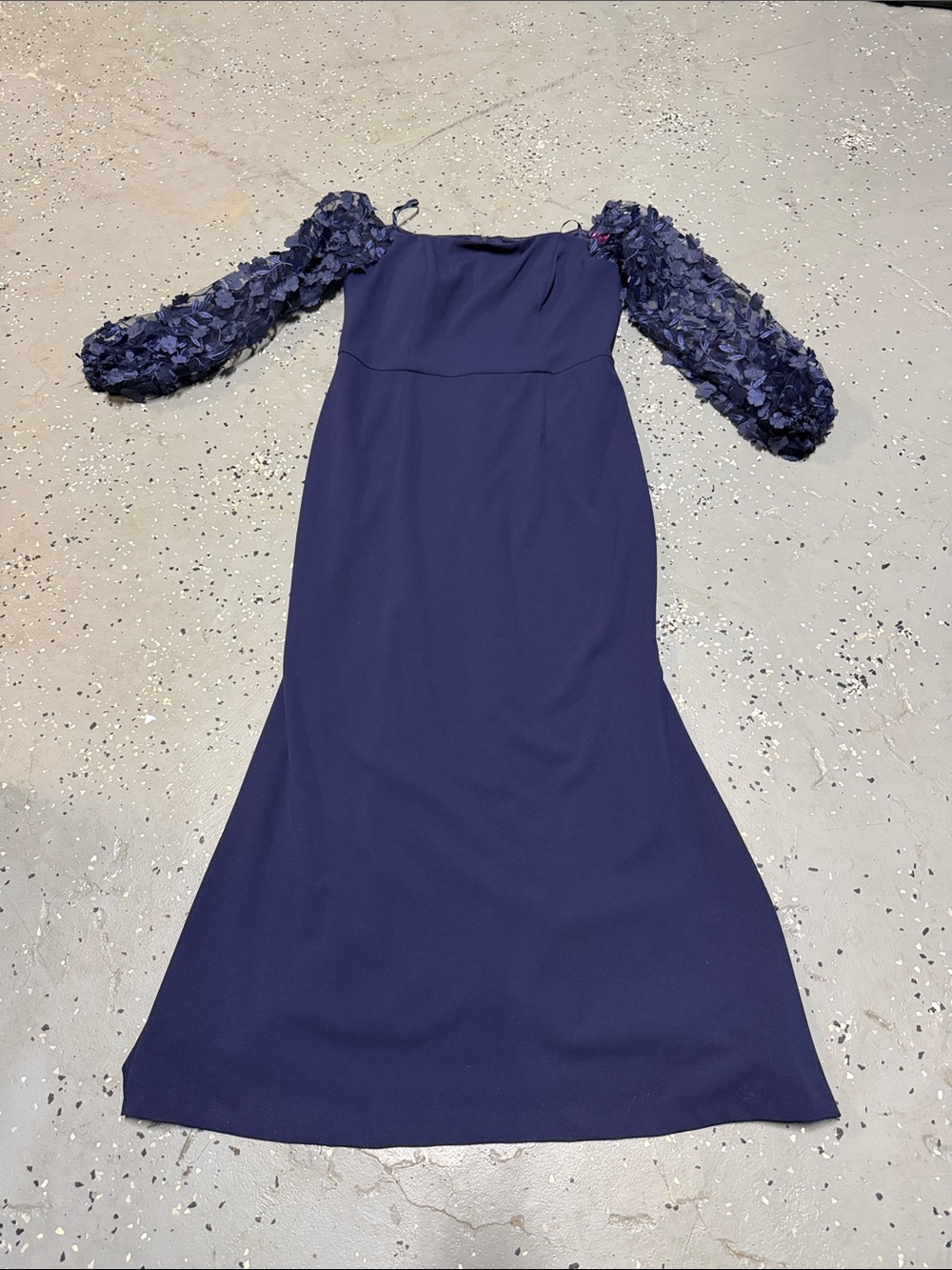 Eliza J Navy Long Sleeve Gown with Textured Puff Sleeves